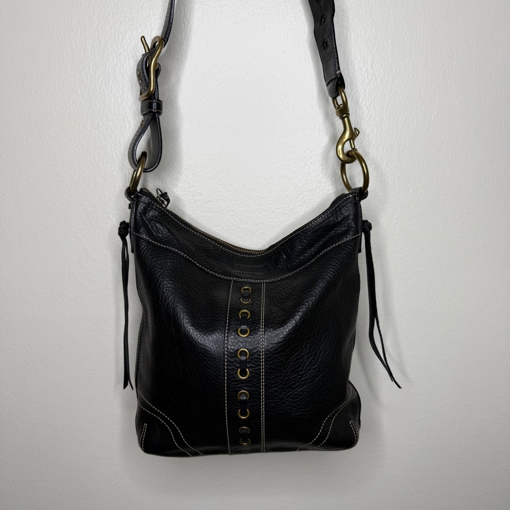 Coach Black Leather Hobo Shoulder‎ Bag Grommet Detail Brass Hardware